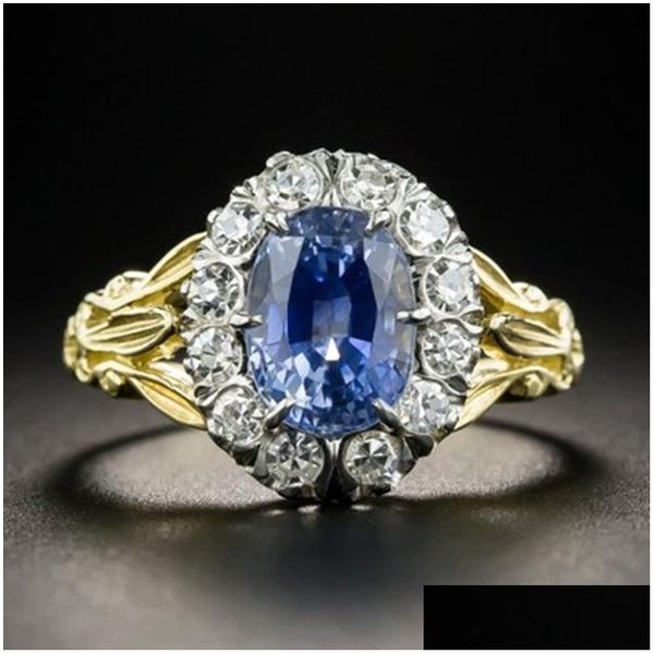 Bandringe Aquamarine Gemstone Gold Farbe für Frauen Sier Schmuck Vintage Exquisite Ring Jubiläum Engagement Geschenke Drop Lieferung Dhacf DHACF