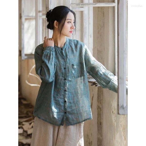Kadın Polos Çin Ramie Pamuk ve Keten Gömlek 2024 Yaz Tasarım Sense Niche Stant Yaka Retro