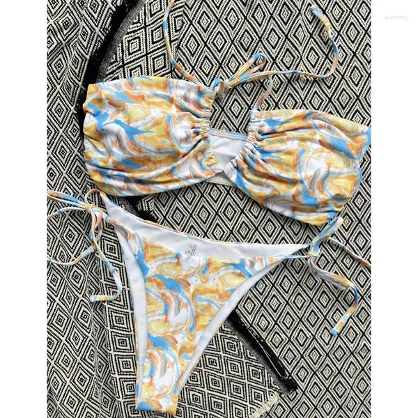 Frauen Badebekleidung 2 -teiliges Bikini -Sets Allover -Druck Halfterbindung Ring hochgeschnittener Badeanzug Badeanzug