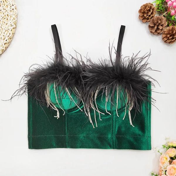 Frauen Tanks Velvet Camisole Feather Quasten Dekoration Bustier Bra geschnittene Top Brassiere Nachtclub Party Weihnachtskleidung