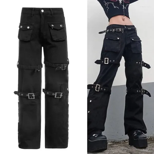 Calça feminina feminina jeans de carga preta punk gótica com bolsos multi -bolsos harajuku metal fivela cinturão lisa lateral lateral dividido solto