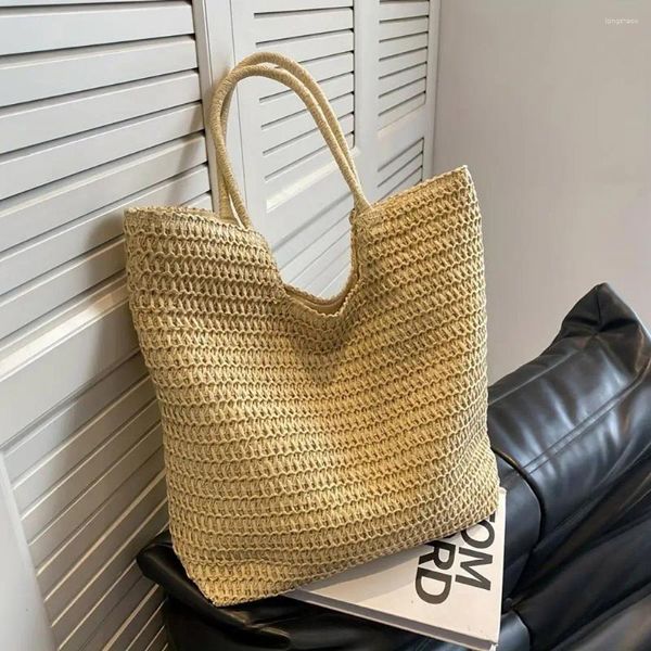 Bolsas de armazenamento Bolsa de praia dobrável Tote de palha tecido Bohemian Bolsa feminina trançada de crochê com grande capacidade de deslocamento