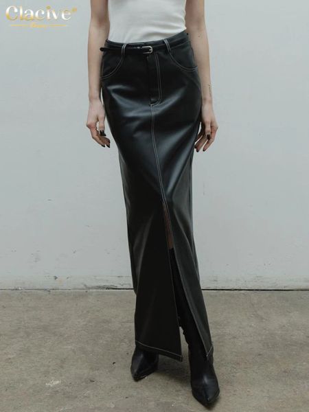 Röcke Clacive Modes schwarzes PU -Lederrock für Frauen elegante hohe Taille Maxirock Streetwear Klassische Schlitzrock Weibliche Kleidung