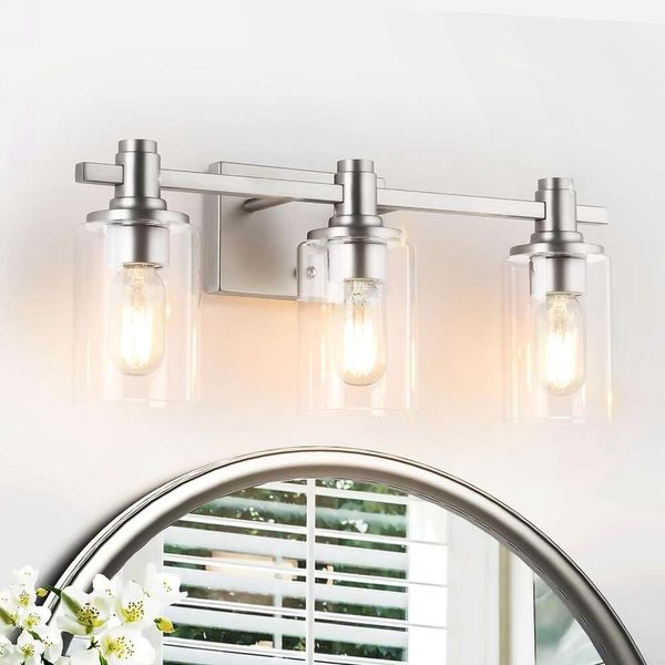 JoosHounhouse Glass Vanity Light Light Nickel escovado de 25,79 polegadas de comprimento 4 luzes iluminagem de parede com tons de vidro Modern Vintage Bath Wall Lamp for Mirror Kitchen