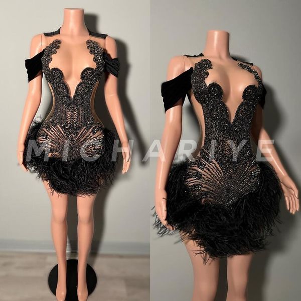 Abito nero Black Short Short Short Homecoming Dresses for Black Girl Luxury Diamond Feather Birthday Gala Gown