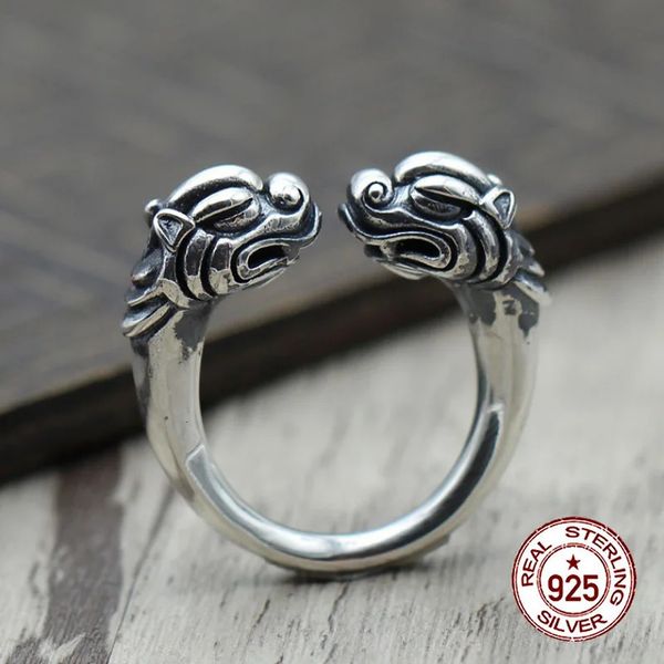 S925 Sterling Silver Ring Pixiu Dragon Head Style Ethnic Design original Domineering punk hip-hop moda 240420