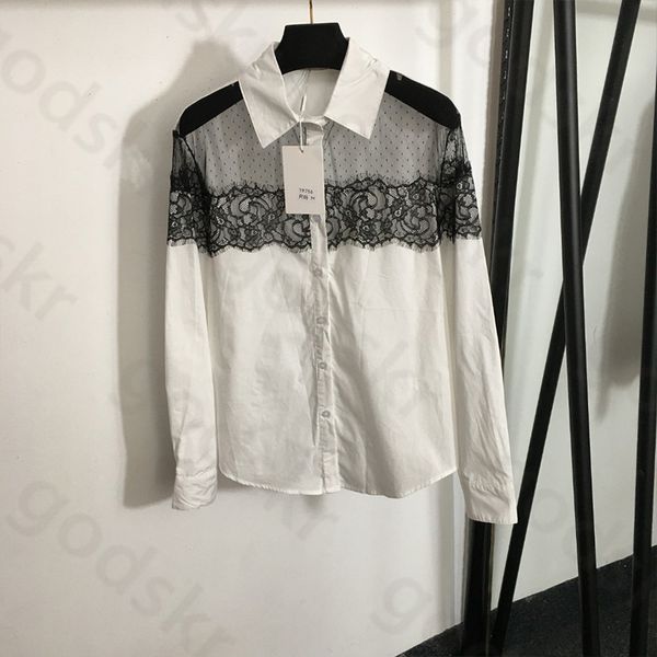 Moda Lace Patchwork Camisa feminina Designer simples Laplo de blusa de manga longa solta fora da camiseta ombro