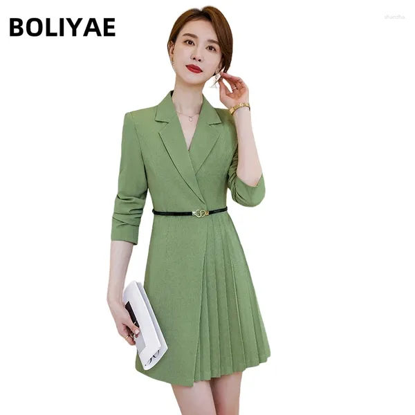Повседневные платья Boliyae Blazer платье весеннее осень элегантное колено высокого качества офисного офисного осеннего пиджака стильное плиссированное платье