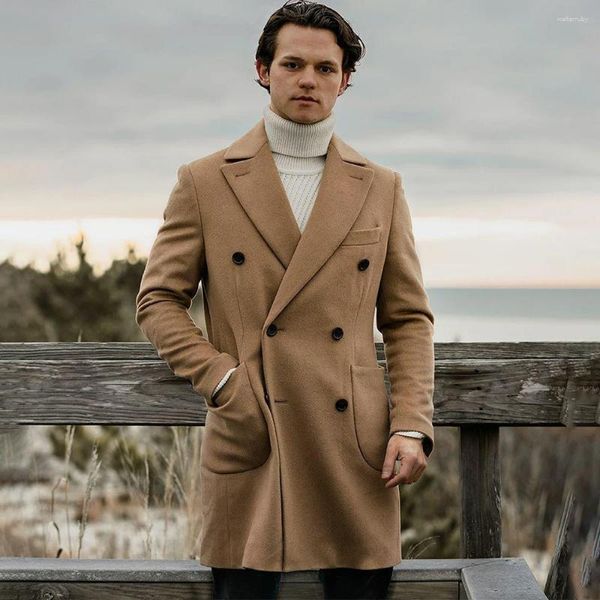 Abiti da uomo lana e miscele blazer per uomini abbigliamento magro giacca da cappotto lungo doppio petto con colletto piatto tascabile blazer casual casual