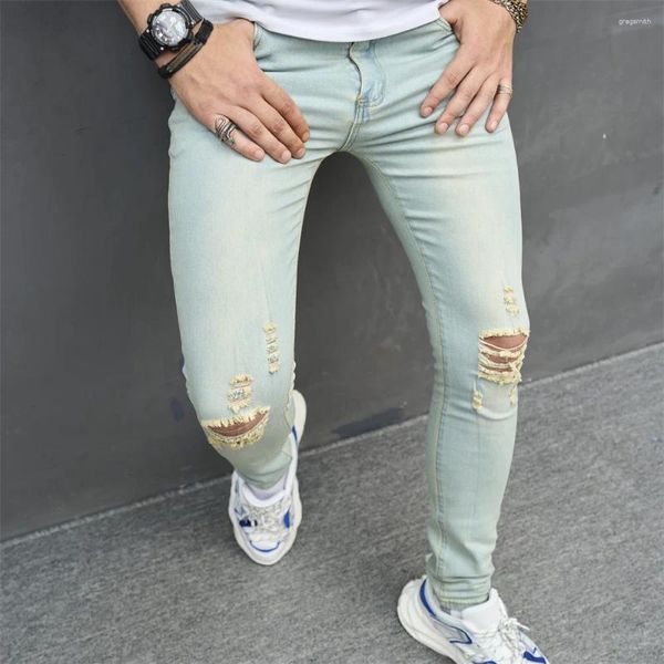 Erkek kot pantolon retro şık delikler streç sıska sokak tarzı erkek sıkıntılı katı ince kot pantolon