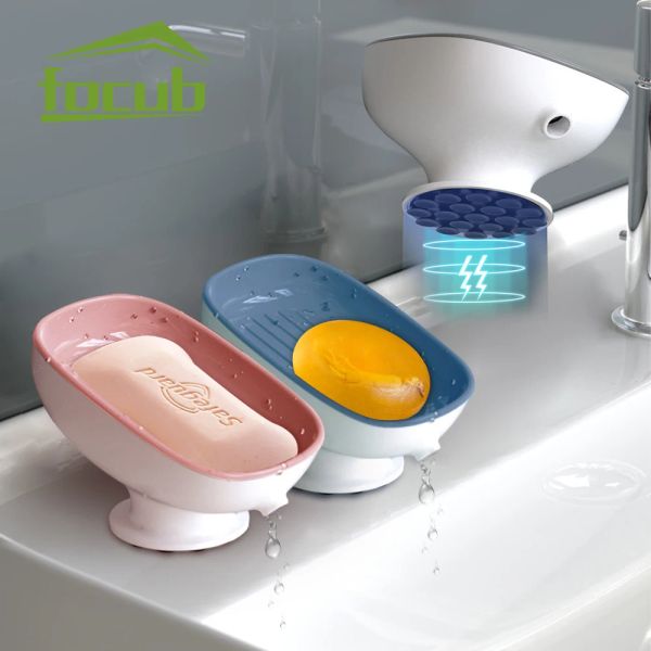 Set di 1/2 pezzi Piani del sapone da bagno con una scatola per contenitore sapone auto -drenante per super aspirazione per accessori per lavello da cucina del bagno