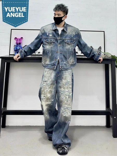 Traccetti da uomo Studi da uomo Sfidamento da uomo hip hop giacca corta giacca a gamba larga jeans due pezzi set di design vintage set di personalità strappato