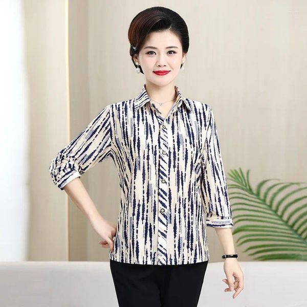 Blouses feminina Lady Casual Fashion listrado Botão impressa Camisa de verão Summer polo polo Halve manga Cardigã solto tops roupas de mulher