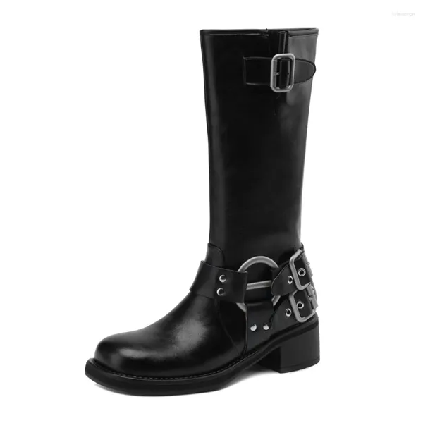 Botas 2024 Moda Spring Leather Sapatos mulheres outono joelho de inverno salto alto salto de bloco