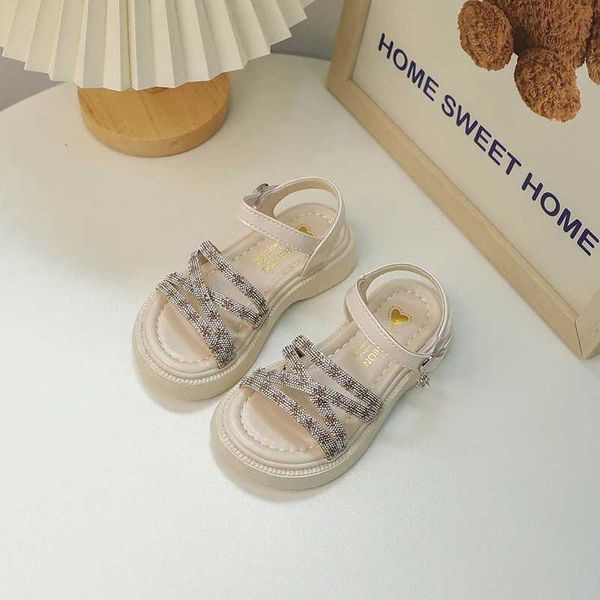 Sandals Kids Fashion Girls Sandals Rhinestones Sapatos infantis abertos versáteis Simples 2024 Novo Summer Princess Shoes Non Slip