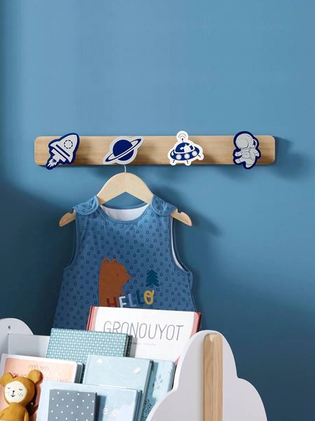 Ganchos para roupas cabide de parede de parede de madeira montada em madeira decoração de quarto astronauta Organização e armazenamento do quarto de crianças para meninos 240425