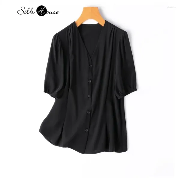 Frauenblusen 2024 Fashion Office Natural Silk Crepe de Chine V-Ausschnitt Bubble Ärmel verpackt Taille Französisch Kurzarm Hemd