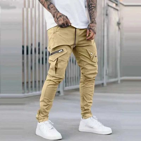 Calça masculina calça de bolso lateral de bolso zíper preto cinza cáqui cáqui hip hop casual massacger calças de rua