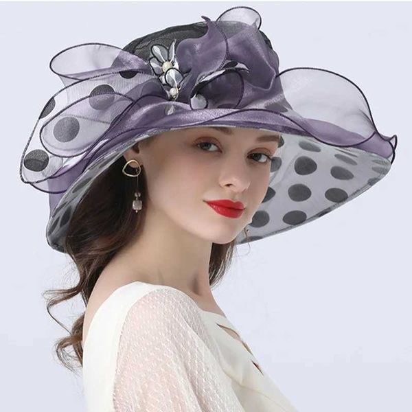 Chapéus de aba larga Chapéus de balde Mulheres chapéu de verão Black Dot Pattern Ruffle Brim Ladies Ladies Organza Hat Hat Packable Sun Beach Hat Festa de Casamento Derby Chapéu de vestido Y240426