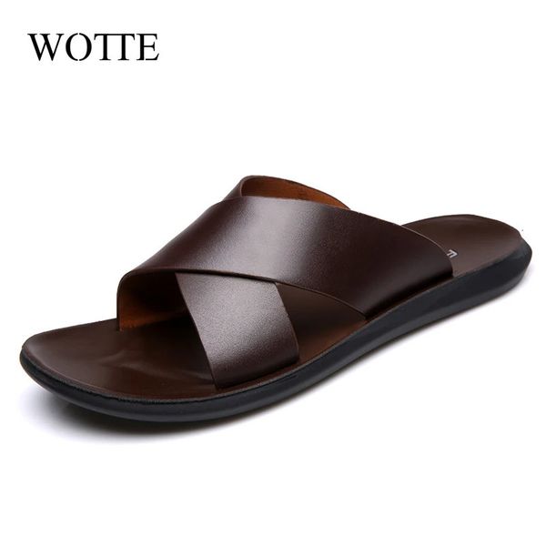 Wotte moda yaz erkek ayakkabıları vintage İtalyan daireler gündelik kaymaz plaj sandaletleri deri flip flop terlikleri düz sandalet 240419