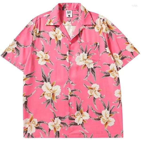 Женские блузки ретро -рубашки на кубах для мужчин гавайские модные пляжные блузки летние шифоновые топы с коротким рукавом эстетический розовый цветок y2k