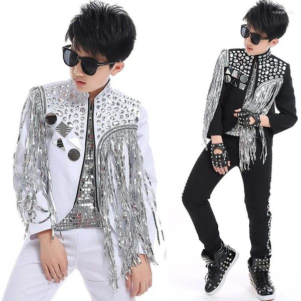 Stage Wear Boys Hip Hop Dance Costumi Silver Wippled Coat Fringed Children Custer Case Kids Modern Jazz Performance DNV12472