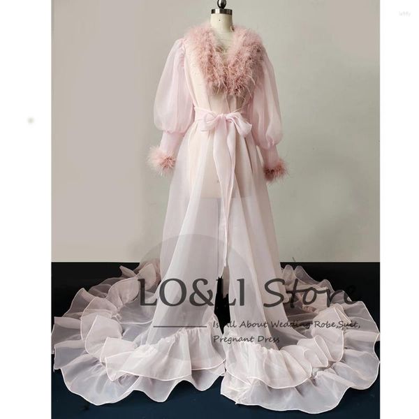 Vestidos casuais loli real manto de penas rosa para mulheres oganza manga bobo de banheira bouve robe vestido de casamento festas de aniversário boudoir dres