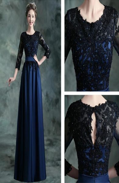 Vestidos de dama de honra modesta azul marinho azul com 34 mangas com renda de renda de cetim vestidos de festa de casamento inverno novo