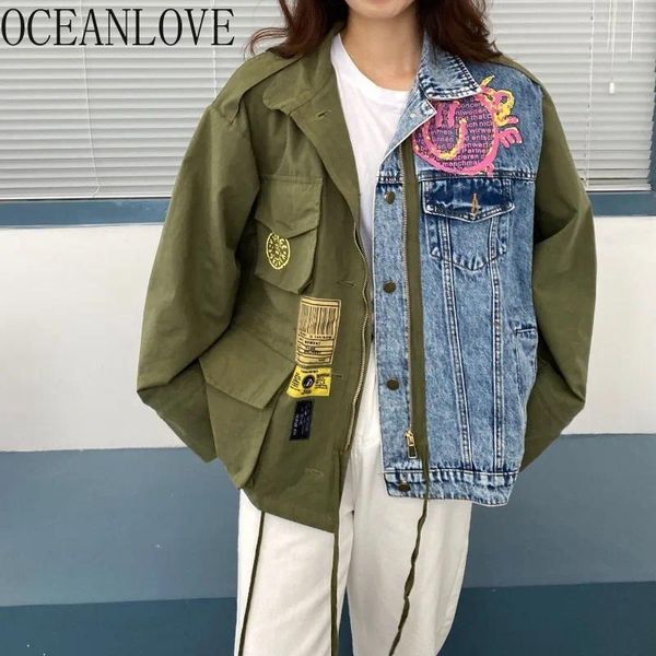 Kadın Ceketleri Oceanlove Denim Kadınlar Baskı Kontrast Renk Bahar Sonbahar Vintage Chaquetas Outwears Moda Gevşek Ropa De Mujer