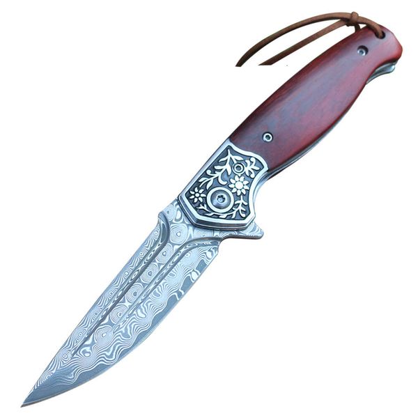 Высококачественный складной складной нож Damascus Steel Blade для наружного кемпинга со стальной цветочной головкой и натуральной ручкой из пализонов