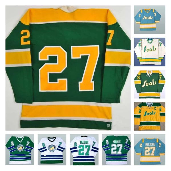 27 Gilles Meloche 1970er Jahre kalifornische Goldene Seals 7 Reggie Leach Vintage Jersey genäht weiß blau grün gelb Alternatives Trikot