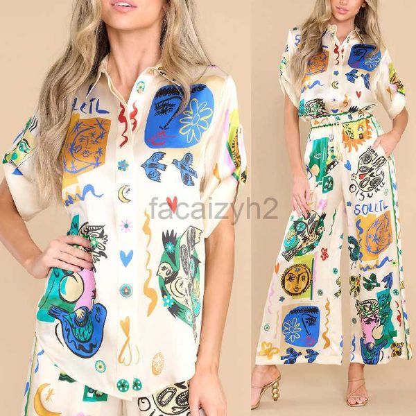 Vestidos casuais básicos vestido de grife de verão graffiti cetim de cetim de capota curta camisa de colarinho+calça longa Casual Duas peças Conjunto