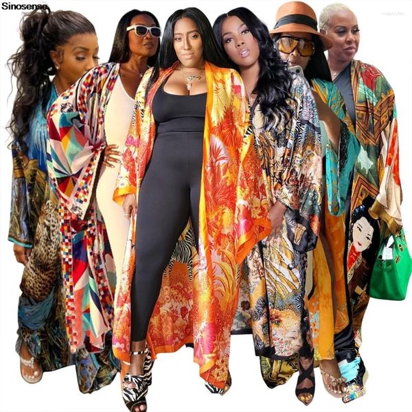 Abbigliamento etnico stampato floreale femminile kimono duster anteriore aperta copertura lunga per abbigliamento esterno cardigan boho spiaggia su kimono sciolti