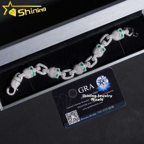 Catena del cranio verde su misura 13 mm hip hop sier uomini moissanite diamond cuban link bracciale