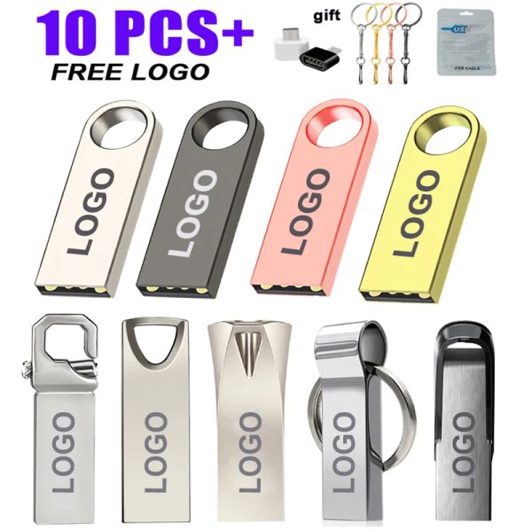 Unidades 10pcs 64 GB de 128 GB de unidade flash USB Free Custom Metal Pen Drive 32 GB Flash Disk 16GB 8GB 4GB 2GB PARA PUBLICIDADE GUND USB Stick Stick