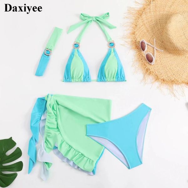 Bikini di rinestone da bagno femminile con gonna copertura di diamante cristallo patchwork Women Head Band 4pcs Swimsuit Beach Thong Bathing costume da bagno