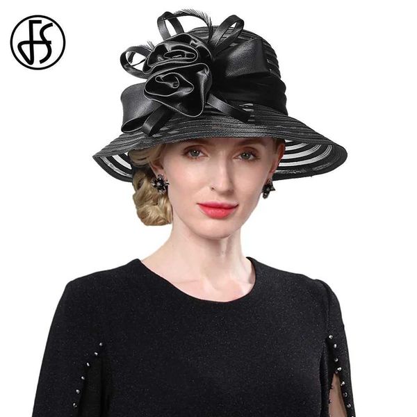 Weitkrempeln Hüte Eimerhüte FS 2023 Neues Breitkamm Organza Sommerhut für Frauen Floppy Beach Sun Hats Elegante Damen Hochzeit Kentucky Cap Black Church Fedora Y240426