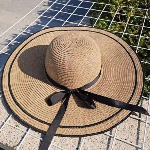 Chapéus largos Brim Ribbon gravata borboleta chapéu de palha casual verão portátil sol grande tampa de viagem praia para mulheres