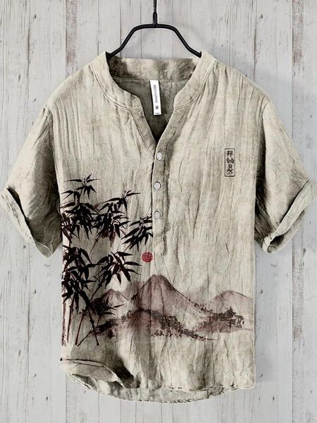 Camisas casuais masculinas de verão impressão de arte japonesa vintage henley botão de manga curta v- pescoço camise