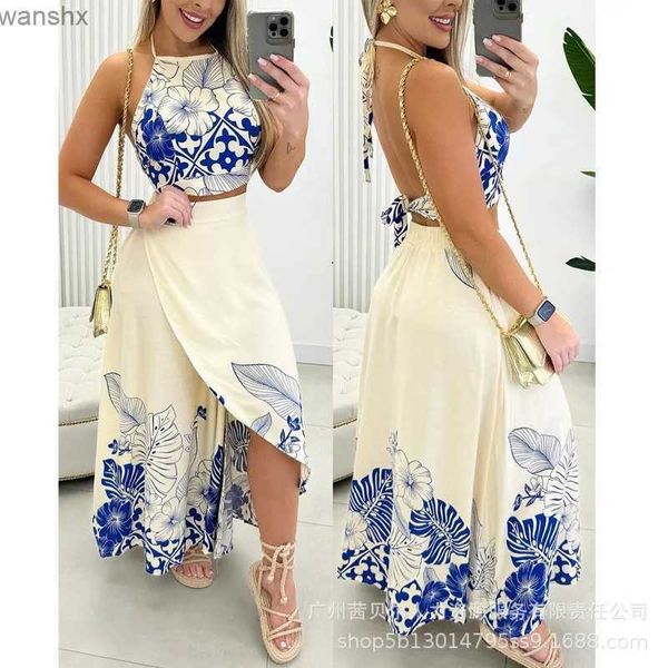 Frauen zwei Stückhosen Tropischer Druck Halfterschlitz Rock Set Kleider Set Womens Long Cut Top Maxi zweiteilige Sommerarbeit Topl240429