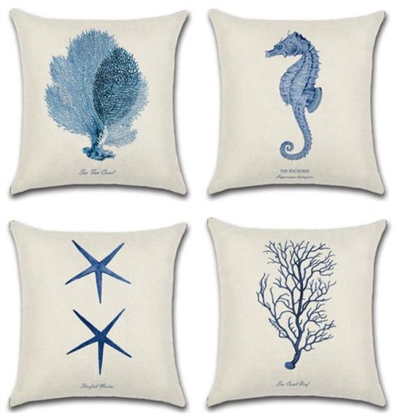 Sea Horse Whale Starfish Starf Stampato di cotone Linen Custinetto decorativo Office Copertina di cuscinetto per la casa Cover Cojines Almofada8775100