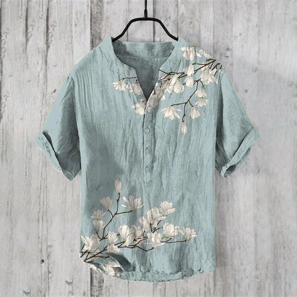 Camicie casual maschile giapponese Fashion Small Henley Shirt Shirt Vintage Art giapponese Magnolia Flower V Neck