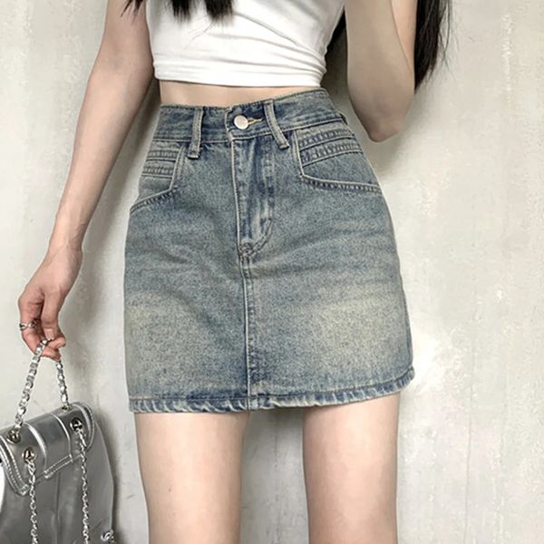 Retro Dark Short a Word Denim Rock Spring Y2K Vintage Frauen Korean High Belt Miniröcke Taille Jean Kleid 240424