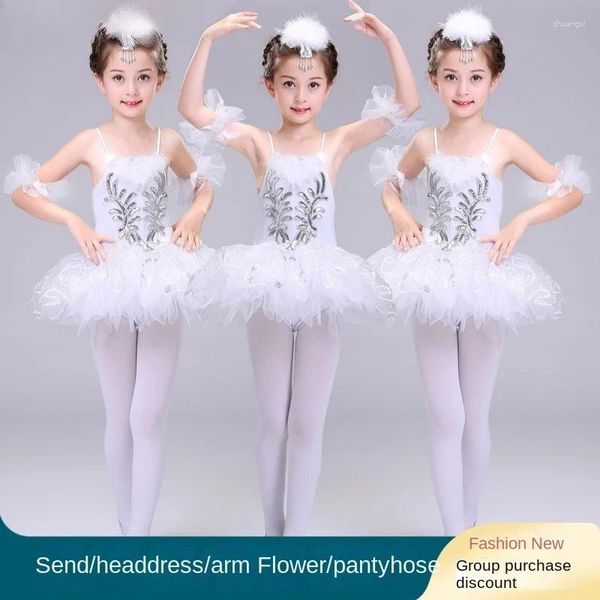 Sahne Giyim Çocuk Bale Etek Masa Performans Elbise Kızın Küçük Kuğu Dansı Uçan Beyaz İplik