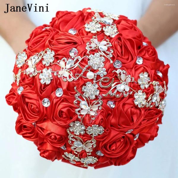 Flores de casamento Janevini Luxury Crystal Red Bouquet Shinestone Jeia Rosas Madeiras Buquês de Noiva para Noiva Ramo de Boda