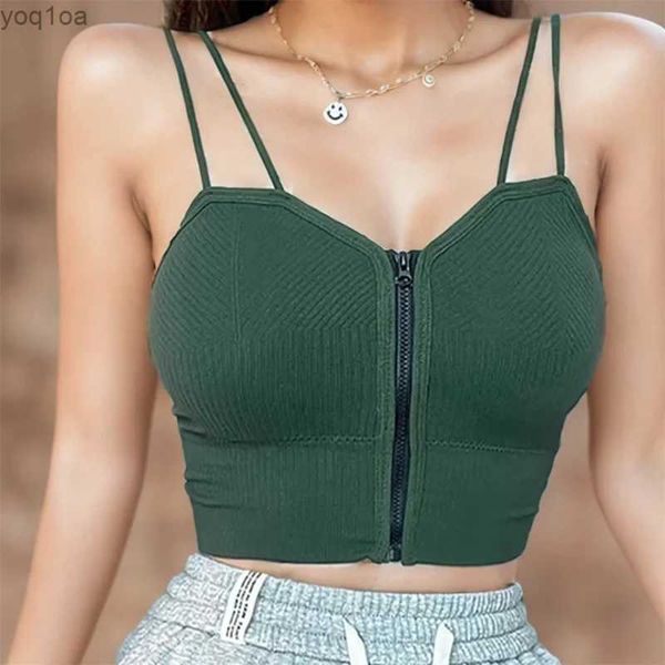 Tanques femininos Camis Summer Summer Fomens sexy Tubo de malha superior italiano Spaghetti ombro tamp top com sutiã Bra Pads zíper tanque de roupas esportivas casual Tan