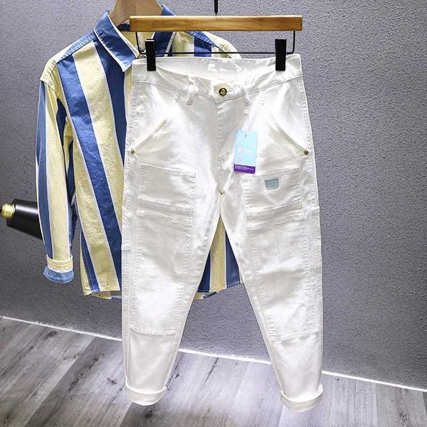 Jeans masculinos mensagens brancas costuradas jeans moda de moda de bicicleta elástica e elástica de bolso de bicicleta