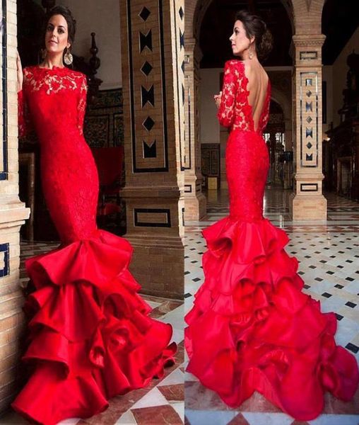 Decote da jóia vestidos de noite de sereia com mangas compridas rendas e saia com babados de cetim vestido de baile vermelho vestidos longos de fe5193863
