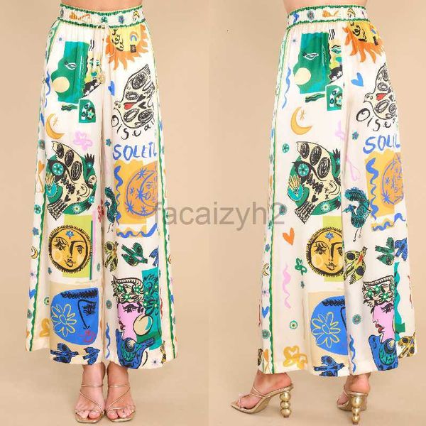 Frauenhose Capris Sommer lässig Frauen Satin Satin Elastic Printed Graffiti Wide Leg Hosen Freizeithosen Plus Size Hosen