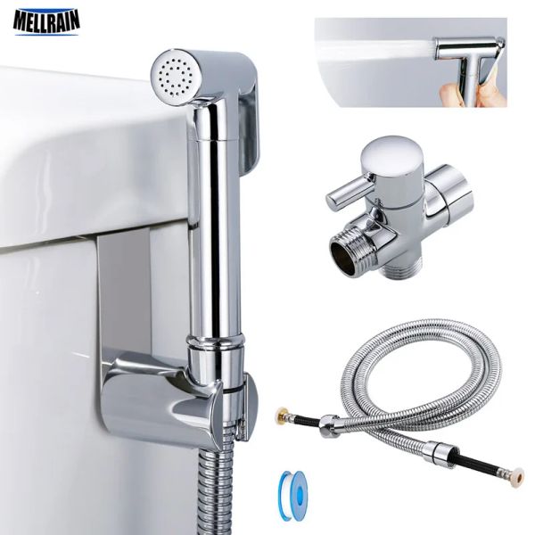 Set Toilettenhand gehaltenes Bidet Sprayer Kit Messing verchromt verchromt Bad Bidet Wasserhahn Spray Duschkopf mit Schlauch -Tadapterhalter